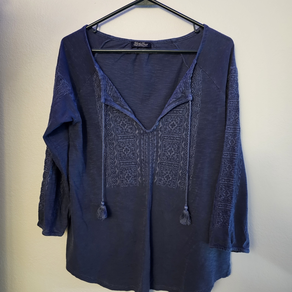 Lucky Brand Navy Blouse with Embroidery